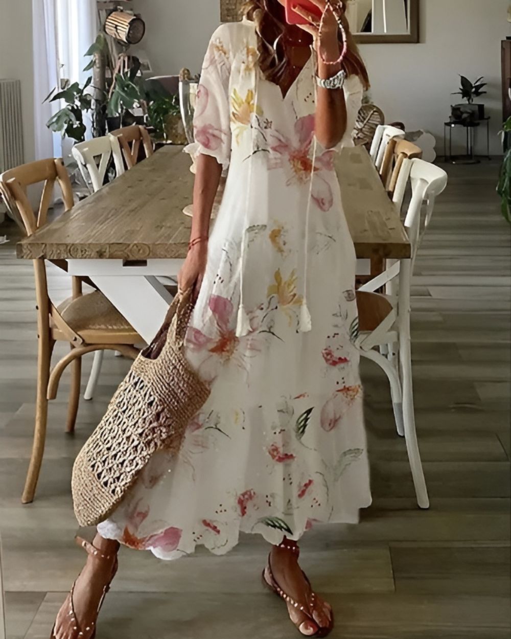 Maxi Dress for Women – Boho V-Neck | Tassel Tie & Short Sleeves 5