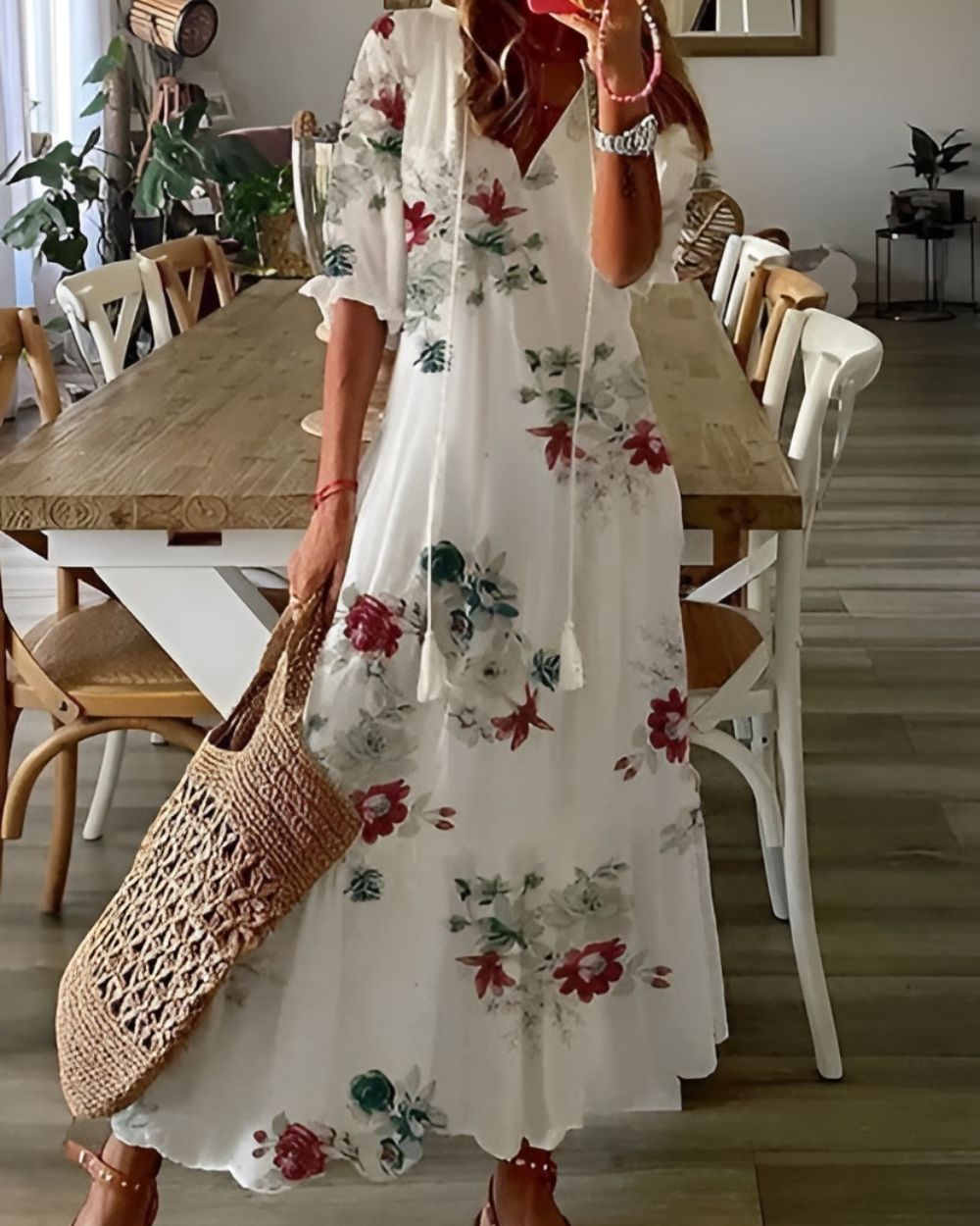 Maxi Dress for Women – Boho V-Neck | Tassel Tie & Short Sleeves 7