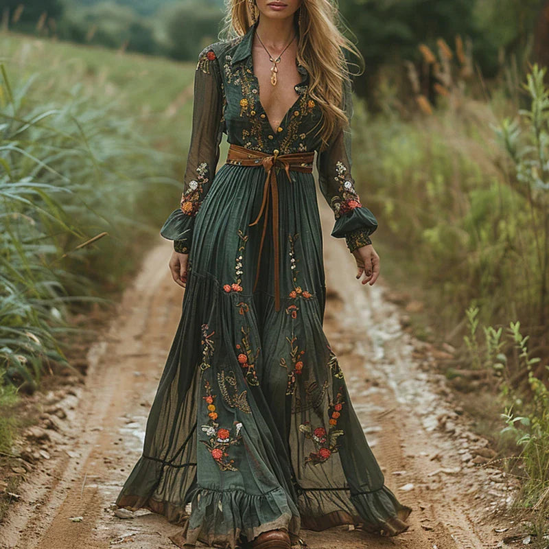 Maxi Dress for Women – Floral Embroidered V Neck | Long Sheer Sleeves & Belted Waist 0