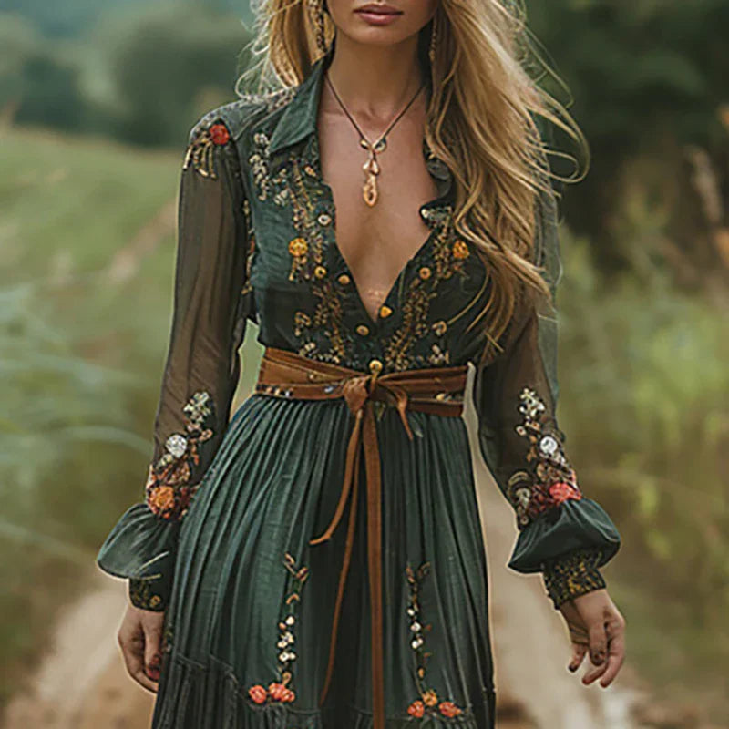 Maxi Dress for Women – Floral Embroidered V Neck | Long Sheer Sleeves & Belted Waist 1