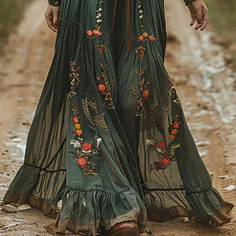 Maxi Dress for Women – Floral Embroidered V Neck | Long Sheer Sleeves & Belted Waist 2