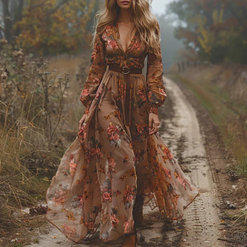 Maxi Dress for Women – Floral Embroidered V Neck | Long Sheer Sleeves & Belted Waist 3
