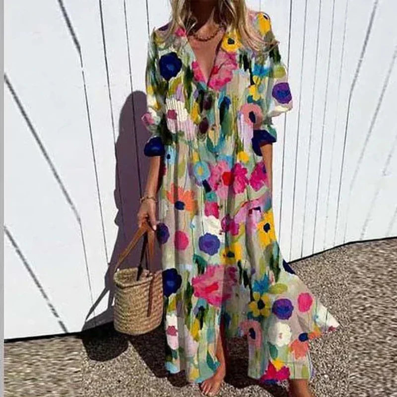 Maxi Dress for Women – Floral Print V-Neck | Long Sleeve & Front Slit 0