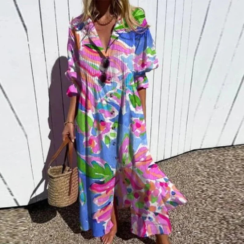 Maxi Dress for Women – Floral Print V-Neck | Long Sleeve & Front Slit 2