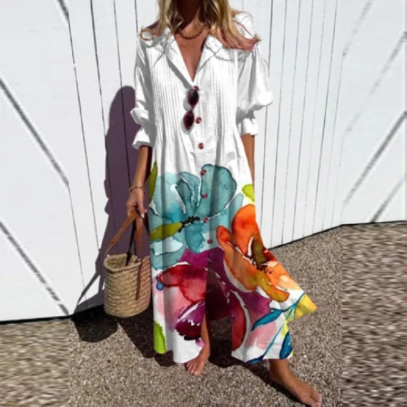 Maxi Dress for Women – Floral Print V-Neck | Long Sleeve & Front Slit 6