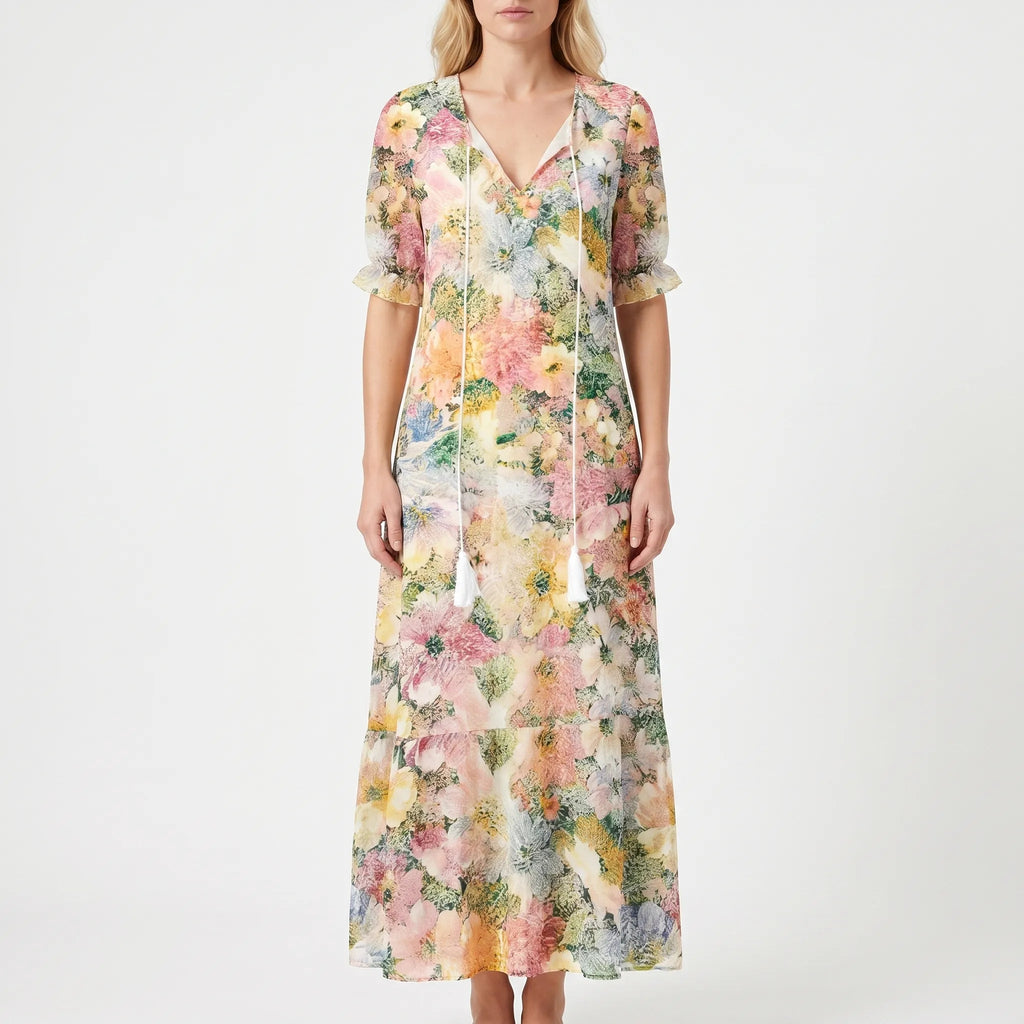 Maxi Dress for Women – Flowing Silhouette | Floral Print & Short Sleeves 0