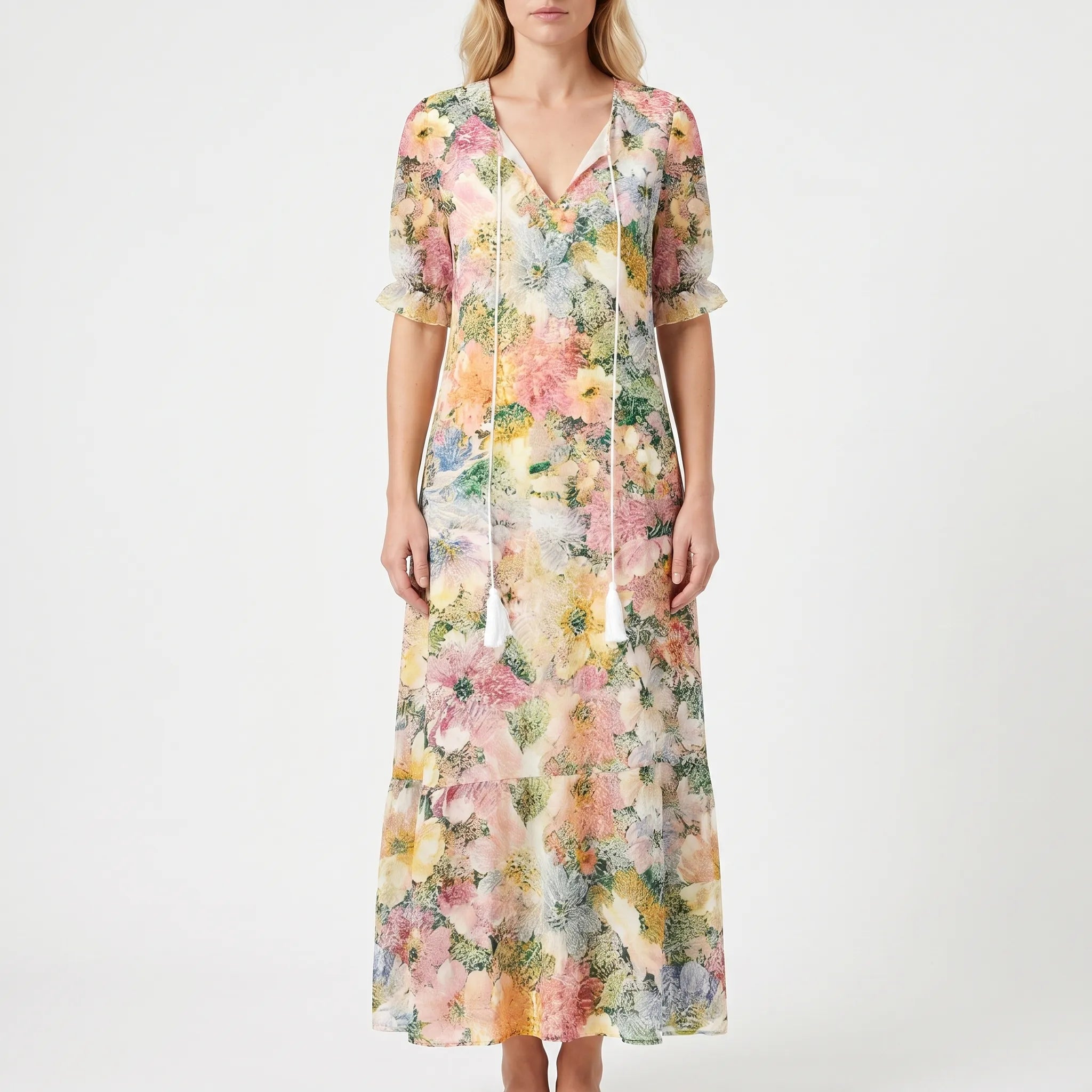 Maxi Dress for Women – Flowing Silhouette | Floral Print & Short Sleeves 0