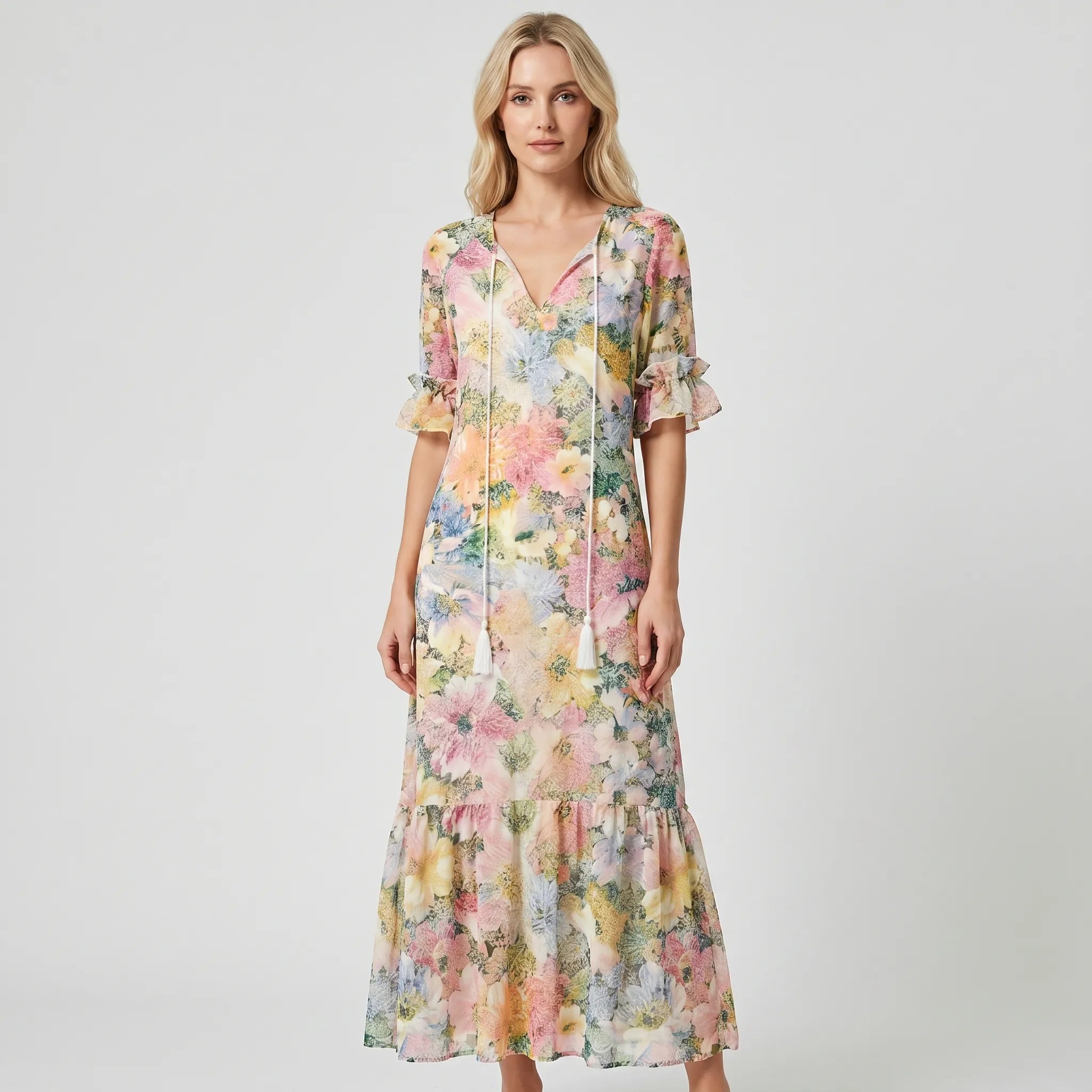 Maxi Dress for Women – Flowing Silhouette | Floral Print & Short Sleeves 1