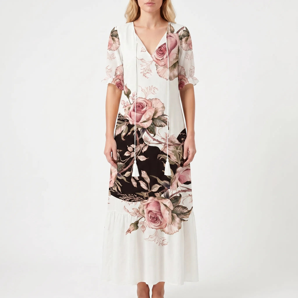 Maxi Dress for Women – Flowing Silhouette | Floral Print & Short Sleeves 11