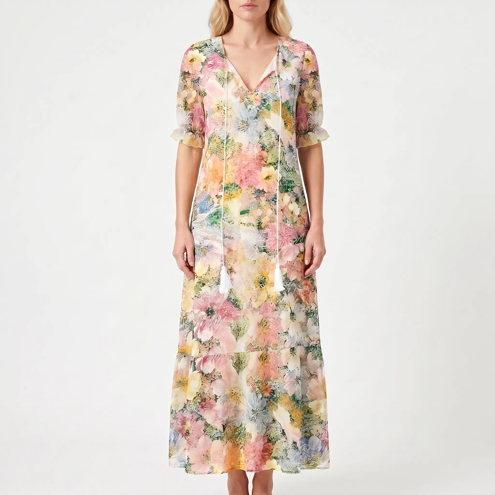 Maxi Dress for Women – Flowing Silhouette | Floral Print & Short Sleeves 8
