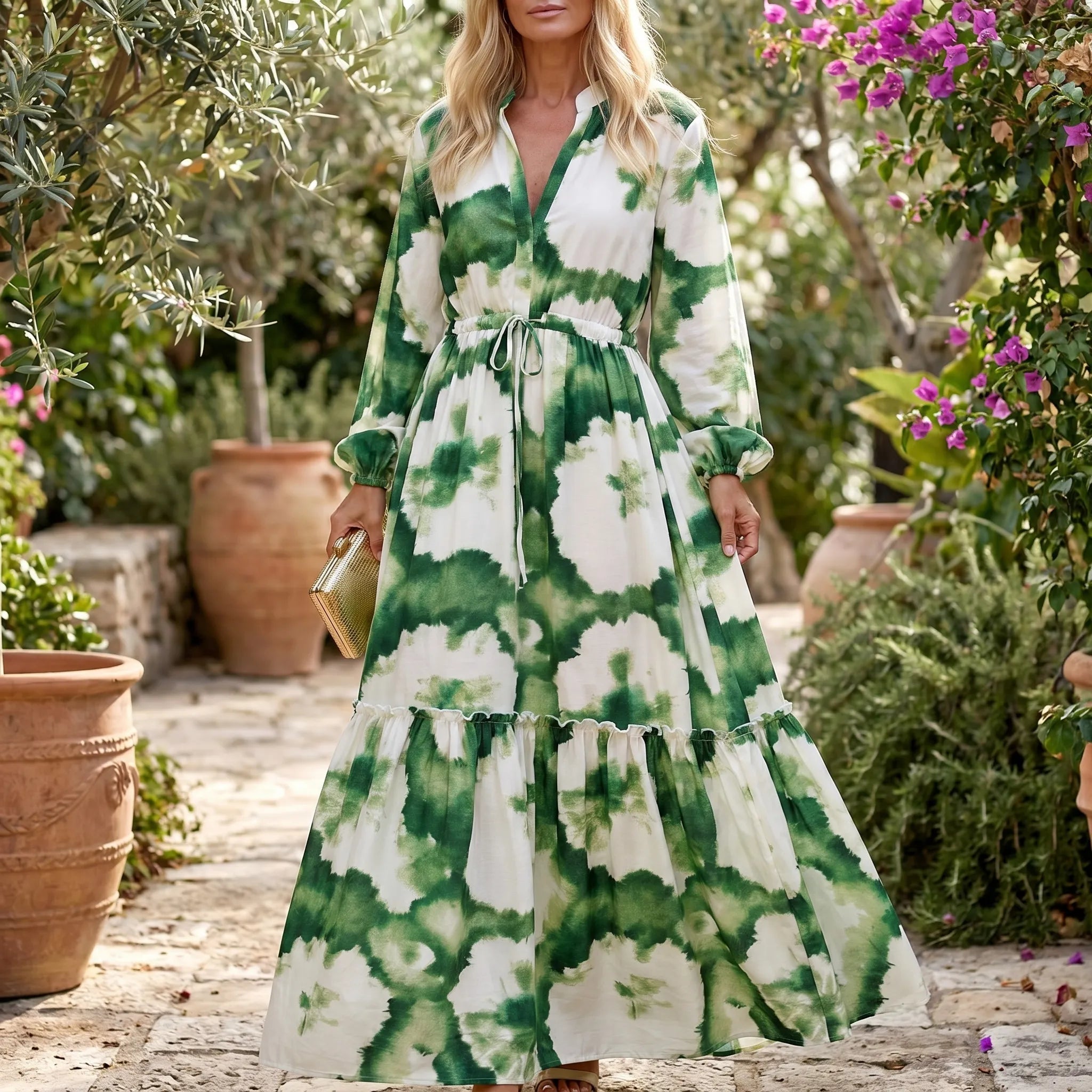Maxi Dress for Women – Long Sleeve Ruffled Hem | Adjustable Waist & Abstract Print 1