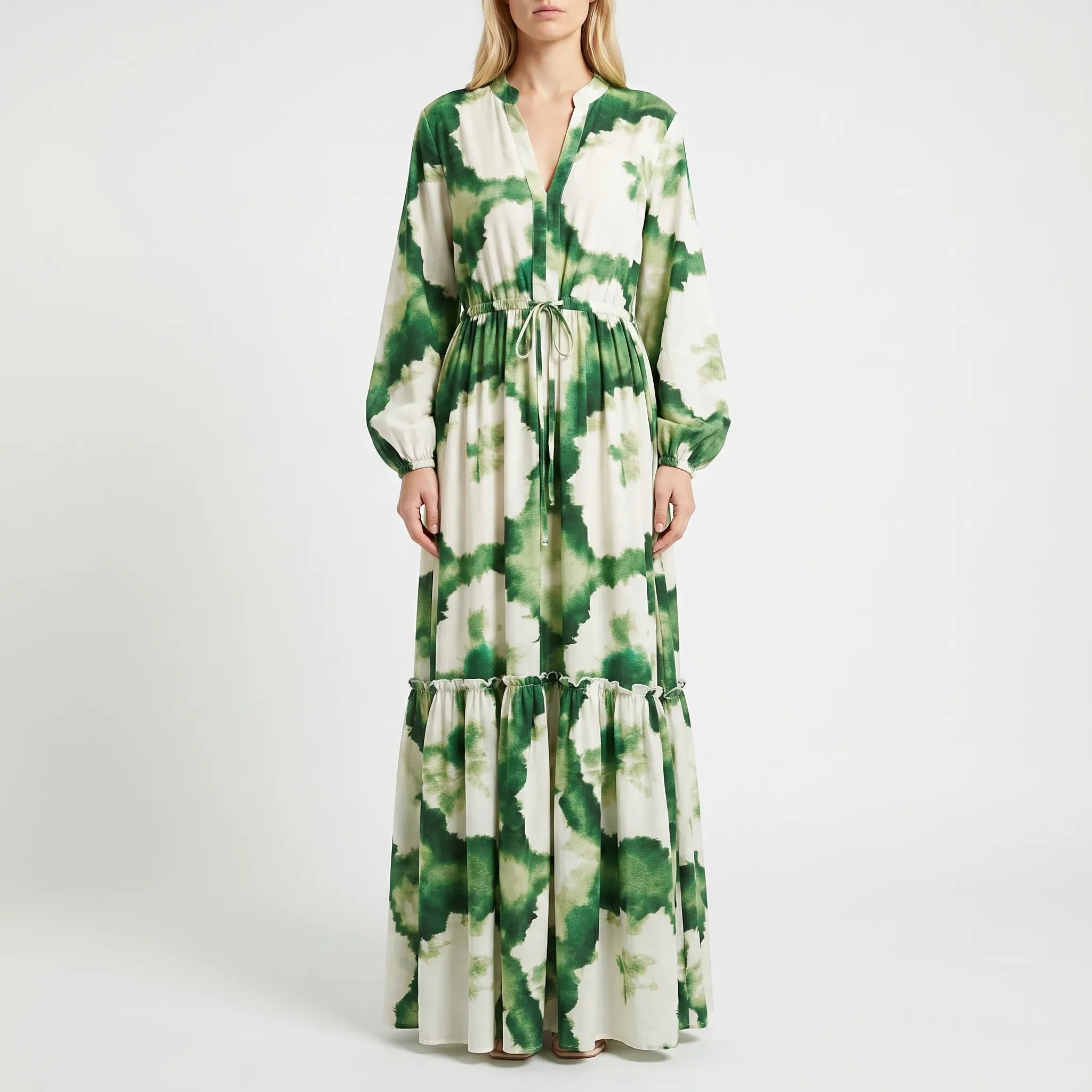 Maxi Dress for Women – Long Sleeve Ruffled Hem | Adjustable Waist & Abstract Print 4