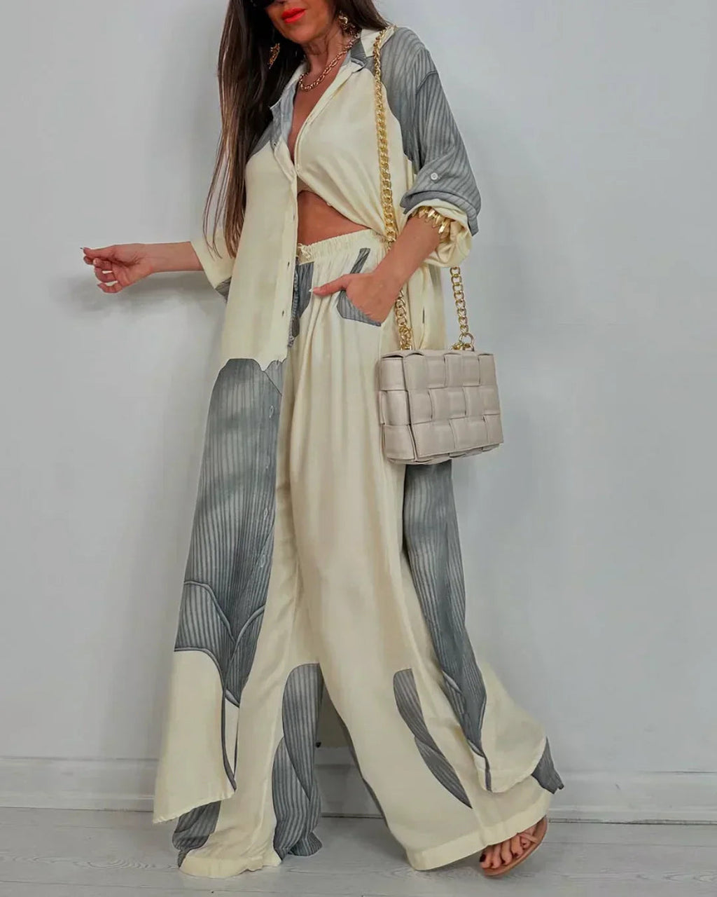 Outfit Set for Women – Cropped Button-Front Shirt | Wide Leg Pants & Side Pockets 0