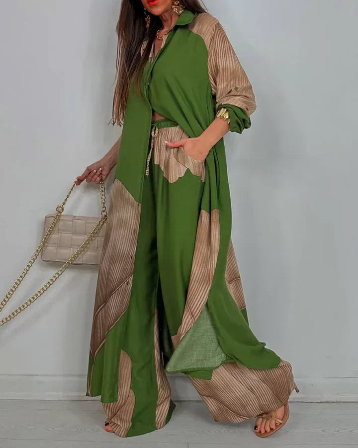 Outfit Set for Women – Cropped Button-Front Shirt | Wide Leg Pants & Side Pockets 2