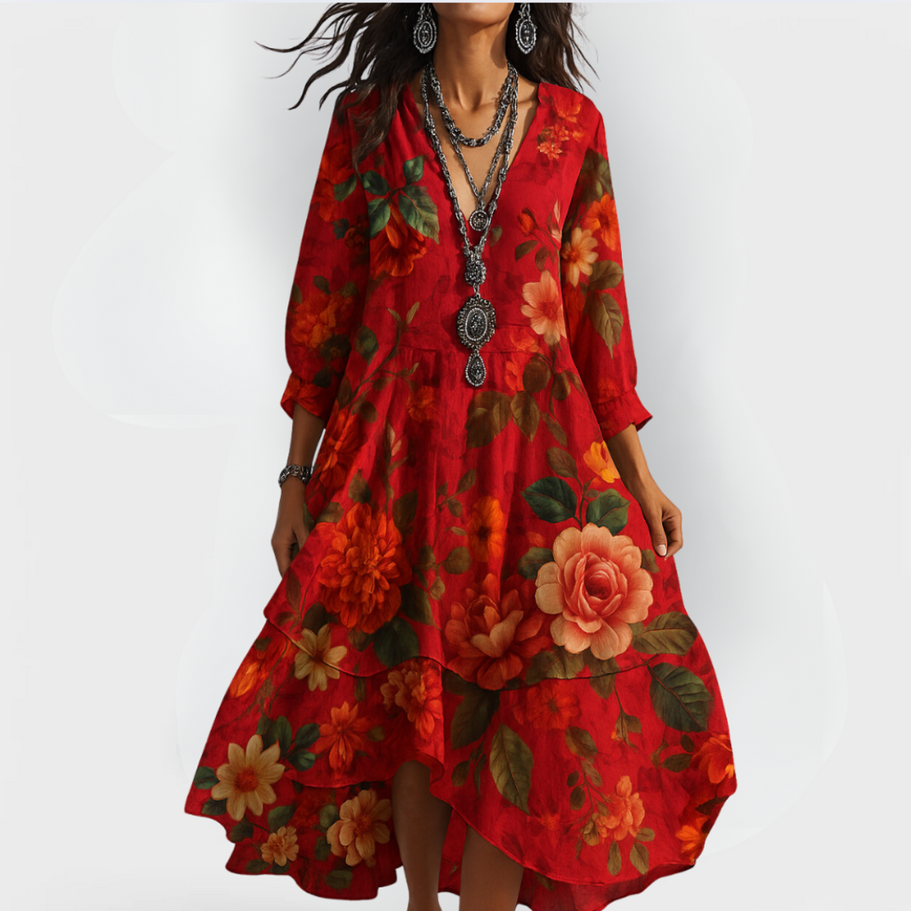 Summer Dresses for Women – V-Neck Floral Print | Tiered Hem & 3/4 Sleeves 1