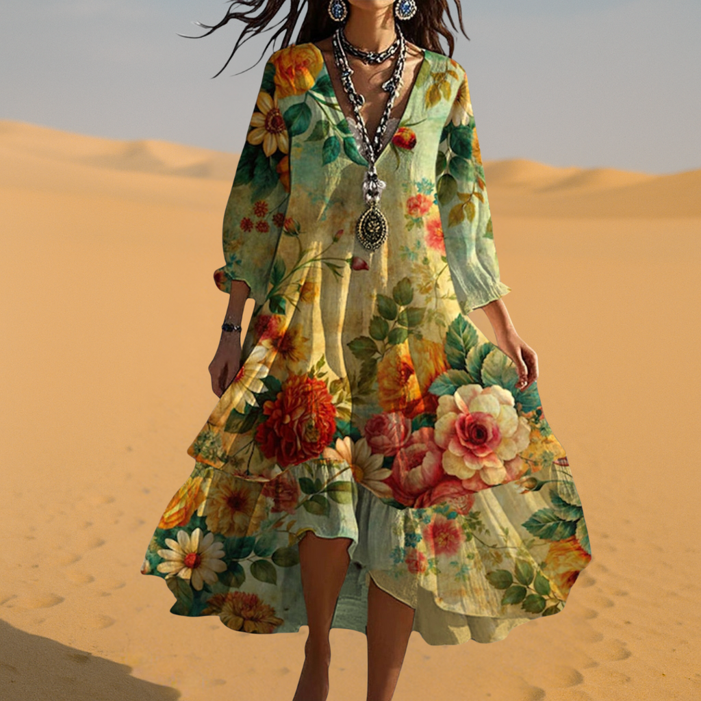 Summer Dresses for Women – V-Neck Floral Print | Tiered Hem & 3/4 Sleeves 2