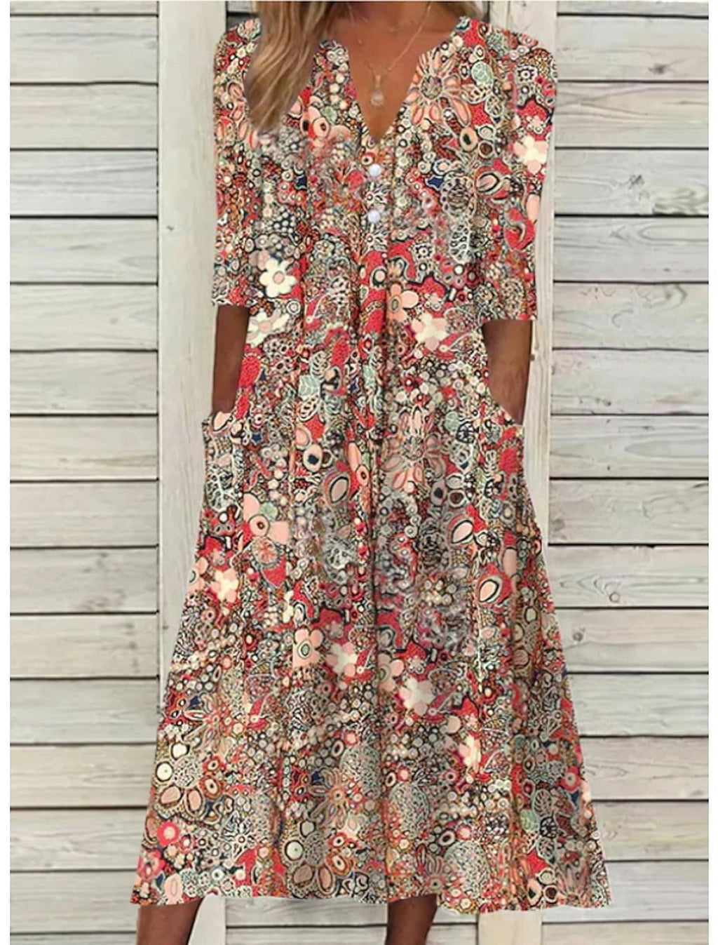 Summer Dresses for Women – V-Neck Printed Design | Relaxed Fit & Side Pockets 0