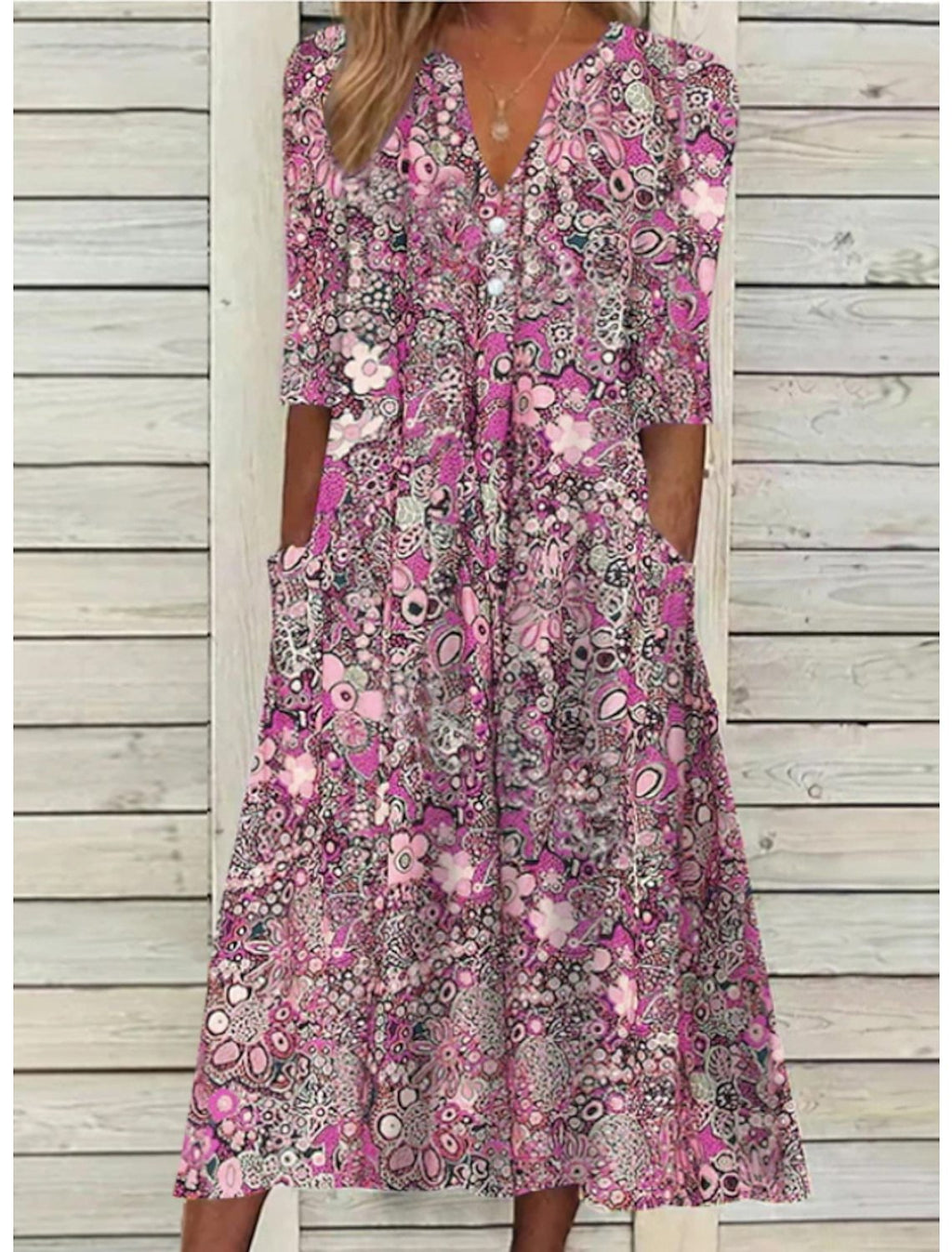 Summer Dresses for Women – V-Neck Printed Design | Relaxed Fit & Side Pockets 2
