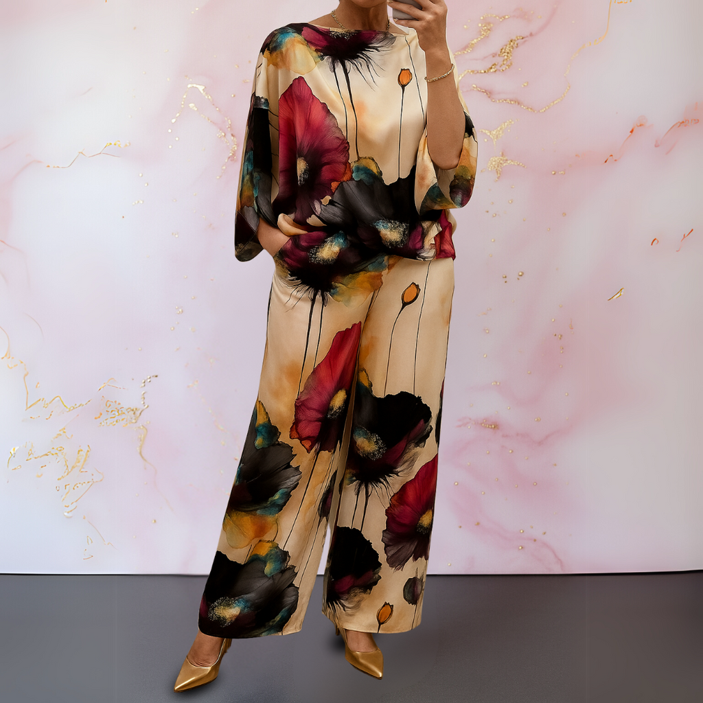 Two-Piece Set for Women – Printed Top & Wide Leg Pants | Loose Fit Loungewear 1