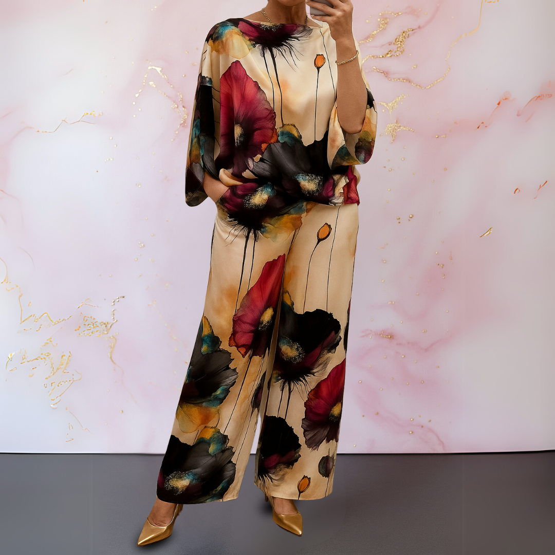 Two-Piece Set for Women – Printed Top & Wide Leg Pants | Loose Fit Loungewear 1