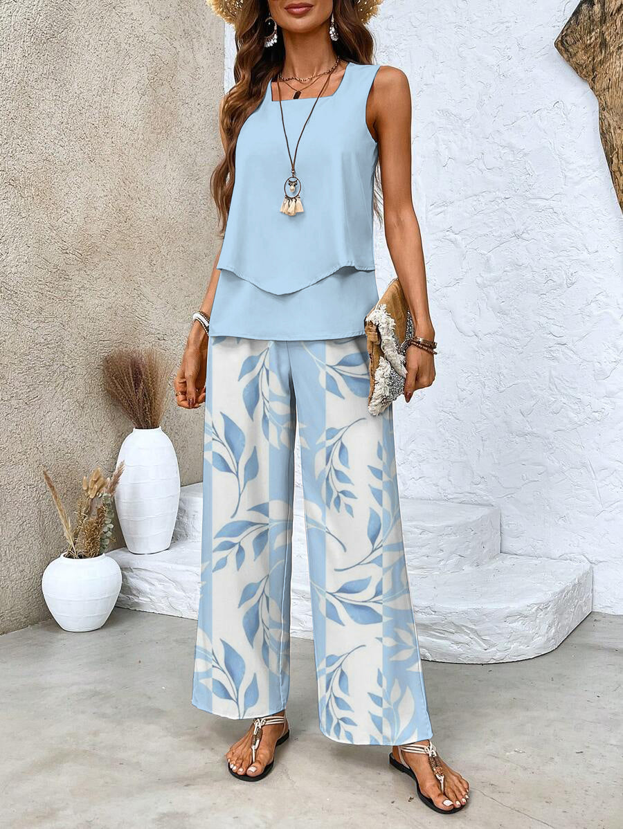 Two-Piece Set for Women – Sleeveless Top & Wide-Leg Pants | Leaf Print Loungewear 0