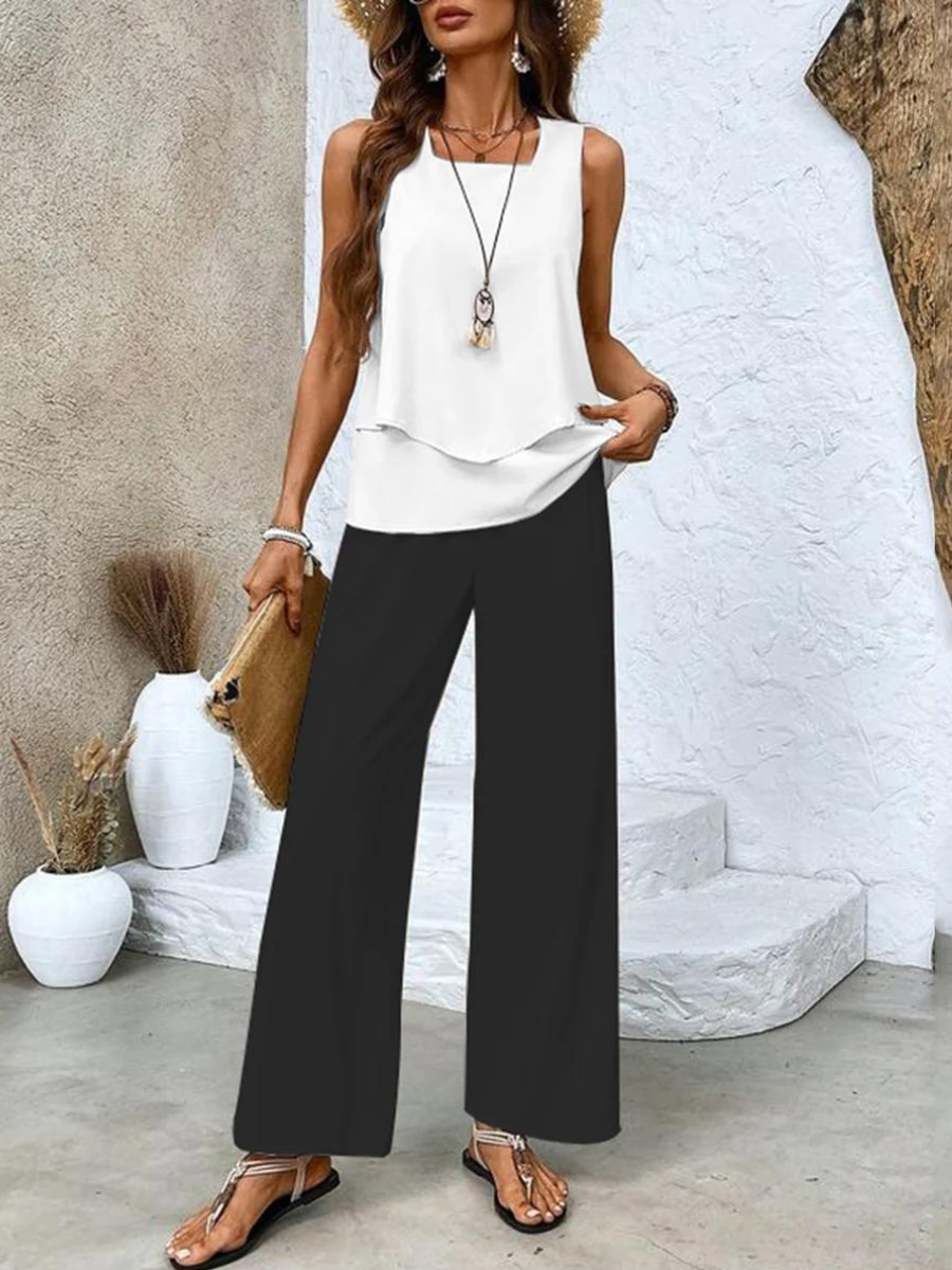 Two-Piece Set for Women – Sleeveless Top & Wide-Leg Pants | Leaf Print Loungewear 1
