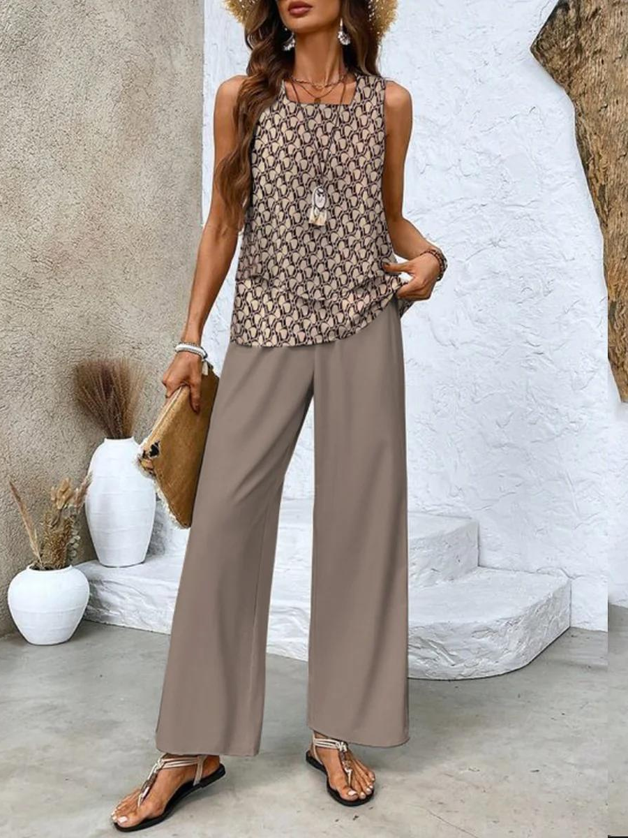 Two-Piece Set for Women – Sleeveless Top & Wide-Leg Pants | Leaf Print Loungewear 2