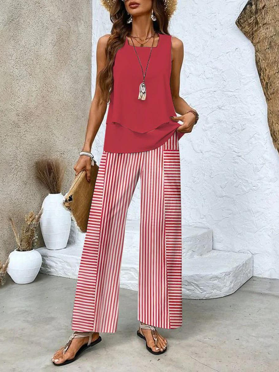 Two-Piece Set for Women – Sleeveless Top & Wide-Leg Pants | Leaf Print Loungewear 3