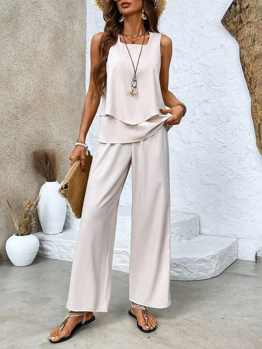 Two-Piece Set for Women – Sleeveless Top & Wide-Leg Pants | Leaf Print Loungewear 5