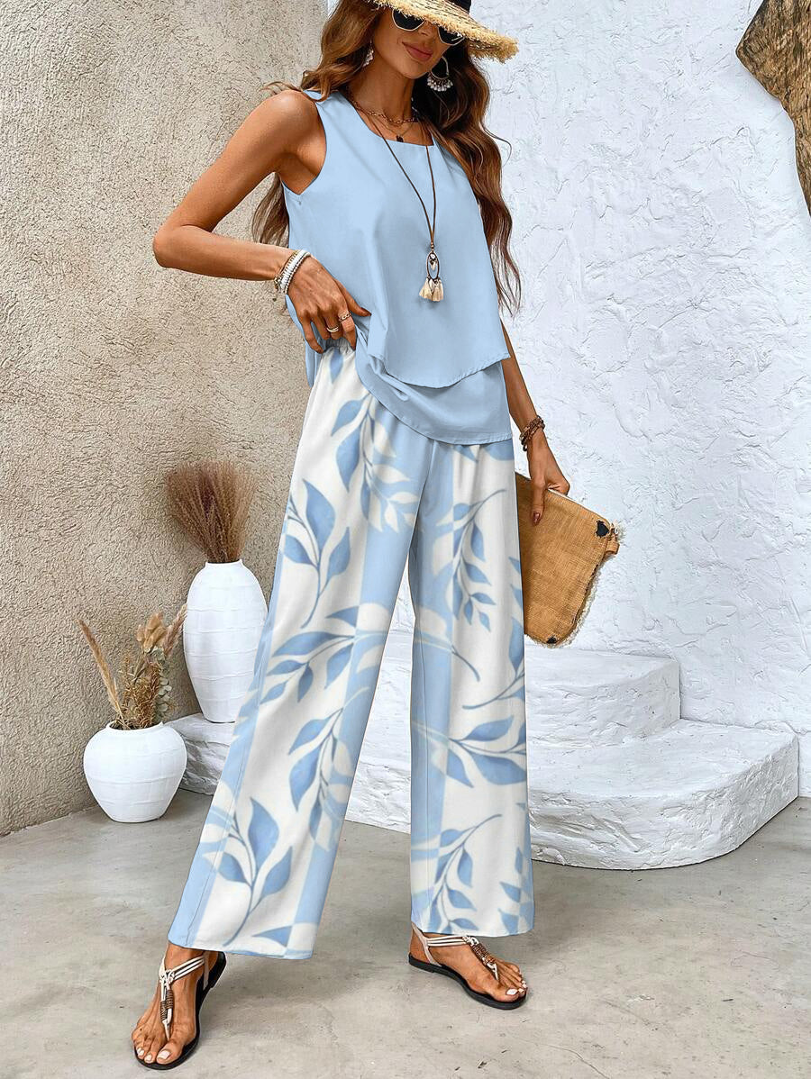 Two-Piece Set for Women – Sleeveless Top & Wide-Leg Pants | Leaf Print Loungewear 6