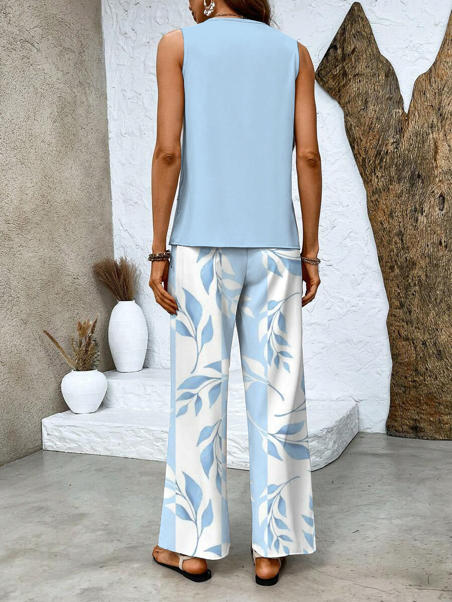 Two-Piece Set for Women – Sleeveless Top & Wide-Leg Pants | Leaf Print Loungewear 7