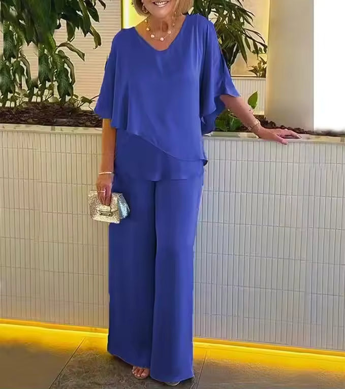 Two Piece Set for Women – V-Neck Top & Wide Leg Pants | Matching Set 0