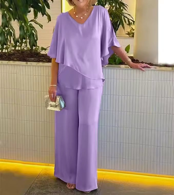 Two Piece Set for Women – V-Neck Top & Wide Leg Pants | Matching Set 1