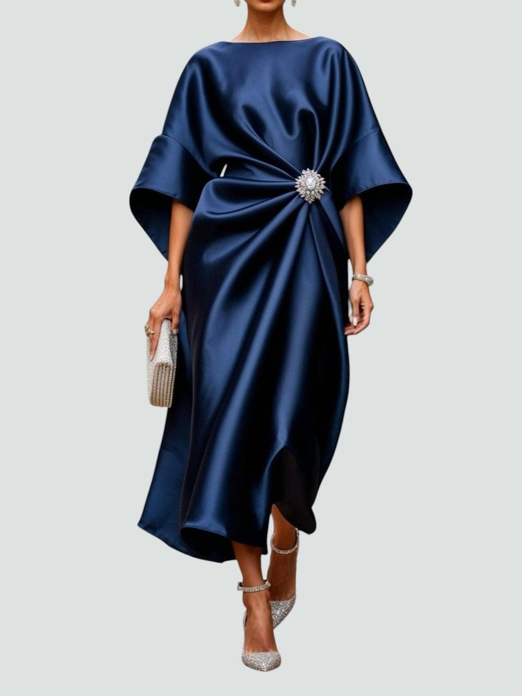 White Midi Dress for Women – Draped Waist with Brooch Detail | Wide Sleeves 0