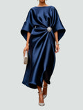 White Midi Dress for Women – Draped Waist with Brooch Detail | Wide Sleeves 0