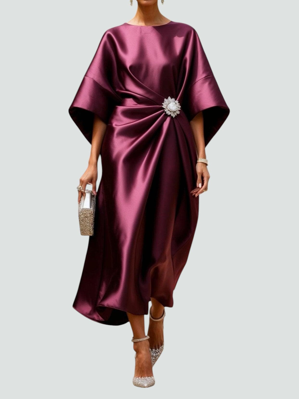 White Midi Dress for Women – Draped Waist with Brooch Detail | Wide Sleeves 1