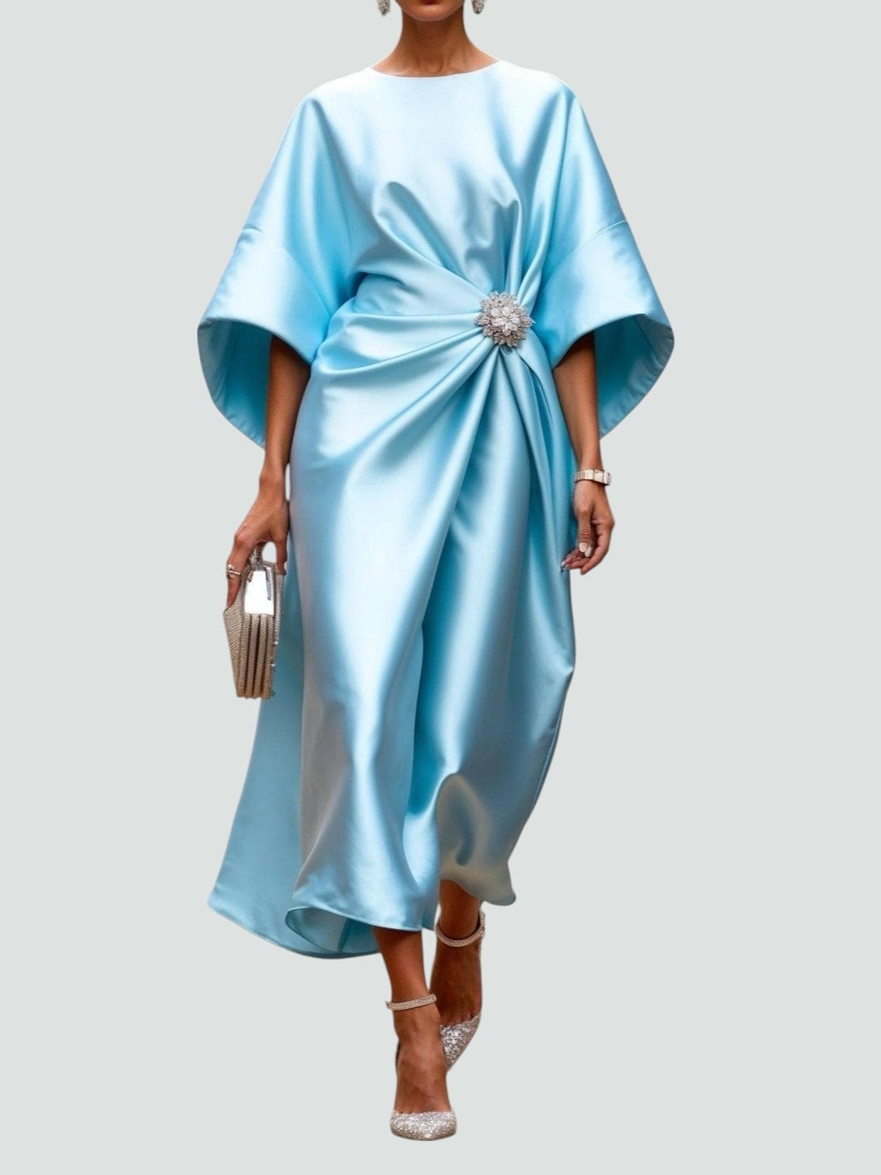 White Midi Dress for Women – Draped Waist with Brooch Detail | Wide Sleeves 2