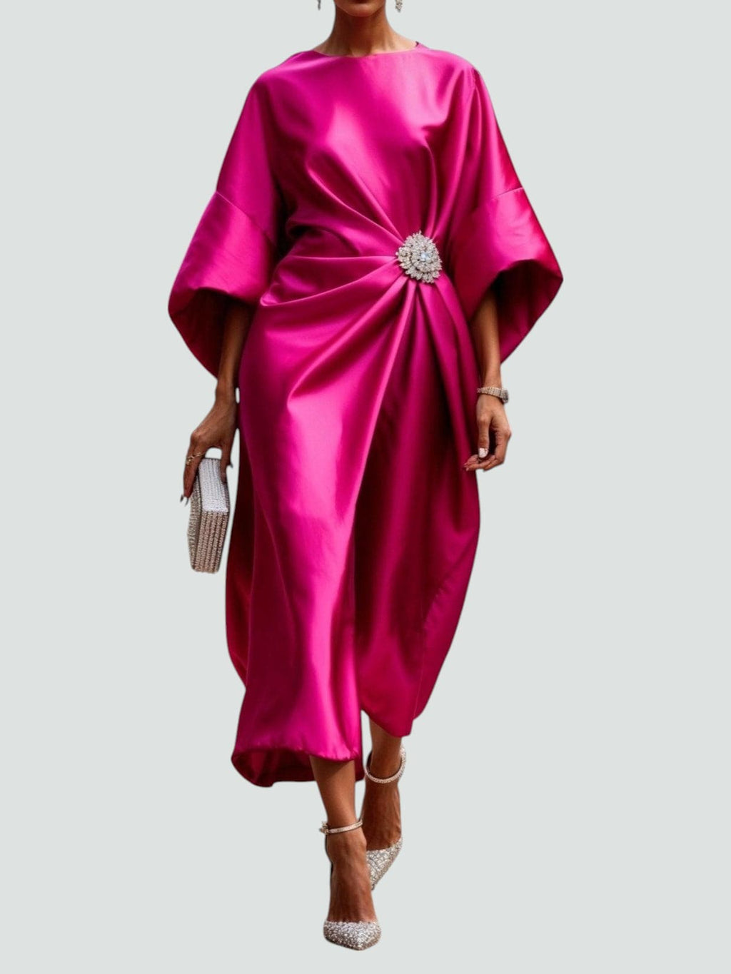 White Midi Dress for Women – Draped Waist with Brooch Detail | Wide Sleeves 3