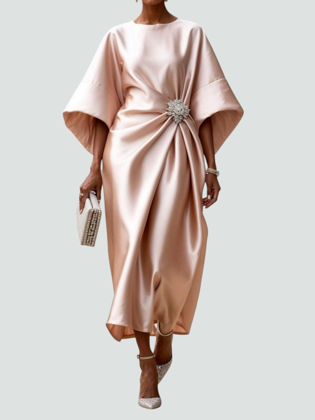 White Midi Dress for Women – Draped Waist with Brooch Detail | Wide Sleeves 4
