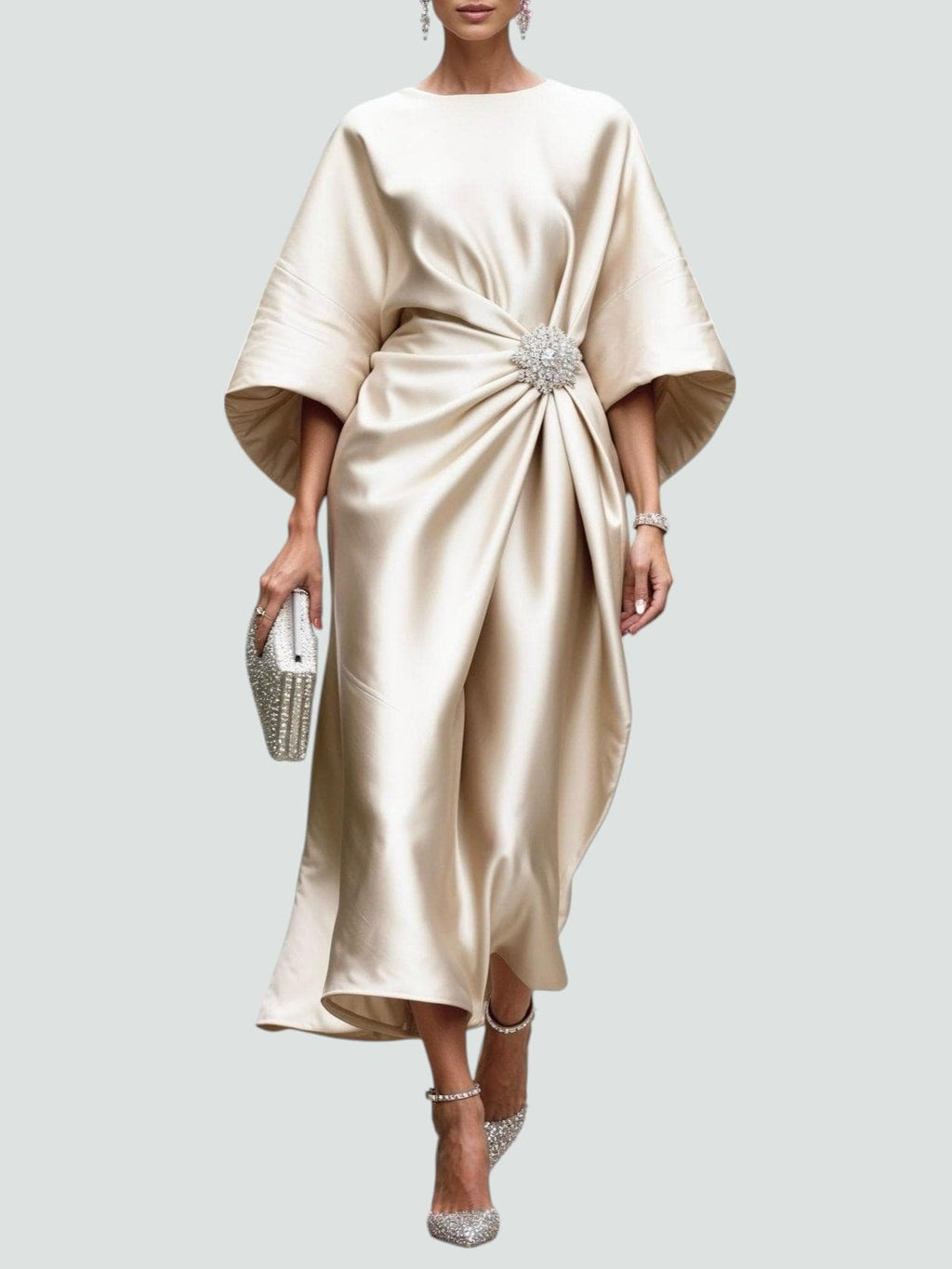 White Midi Dress for Women – Draped Waist with Brooch Detail | Wide Sleeves 5