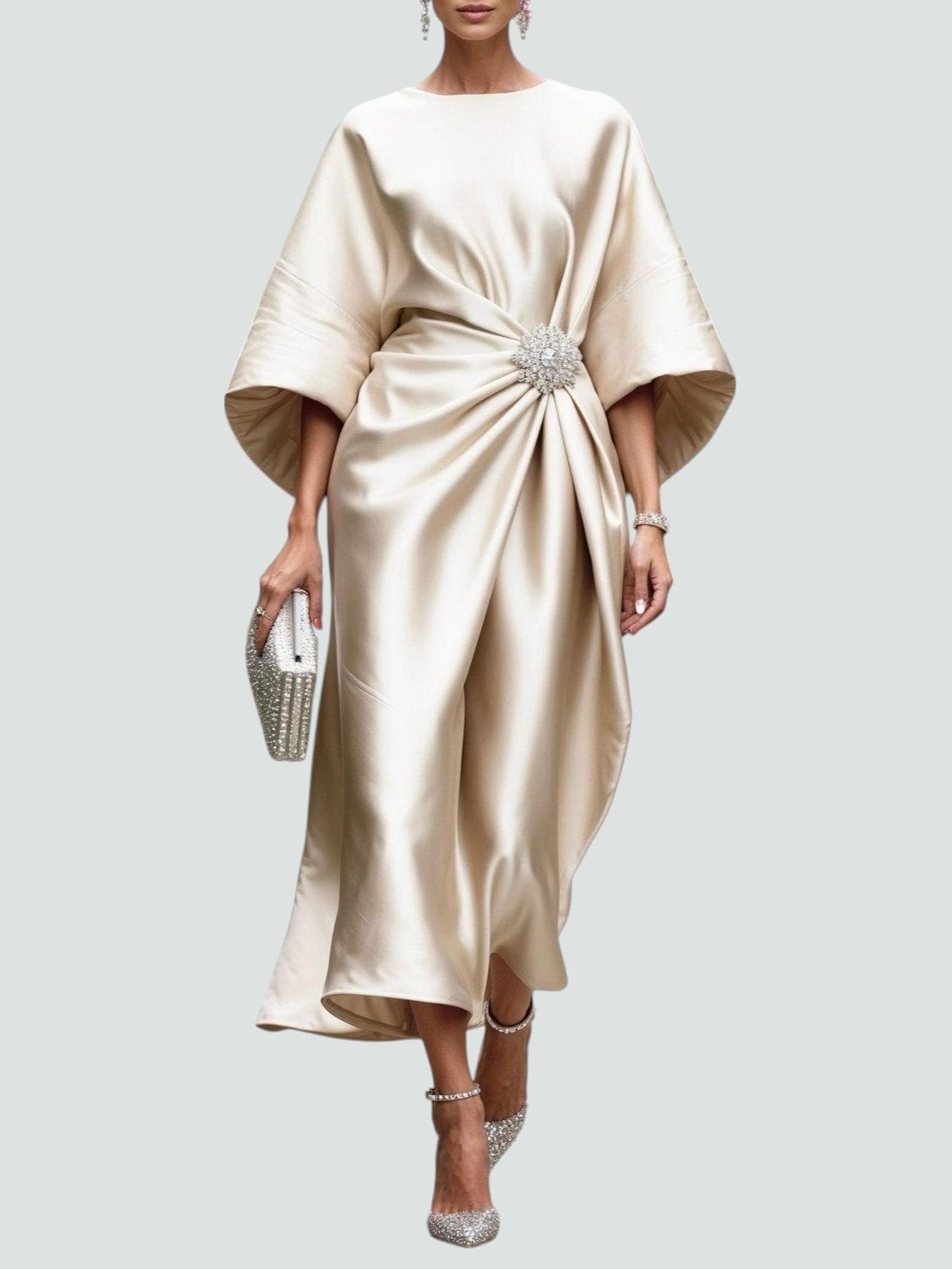 White Midi Dress for Women – Draped Waist with Brooch Detail | Wide Sleeves 5