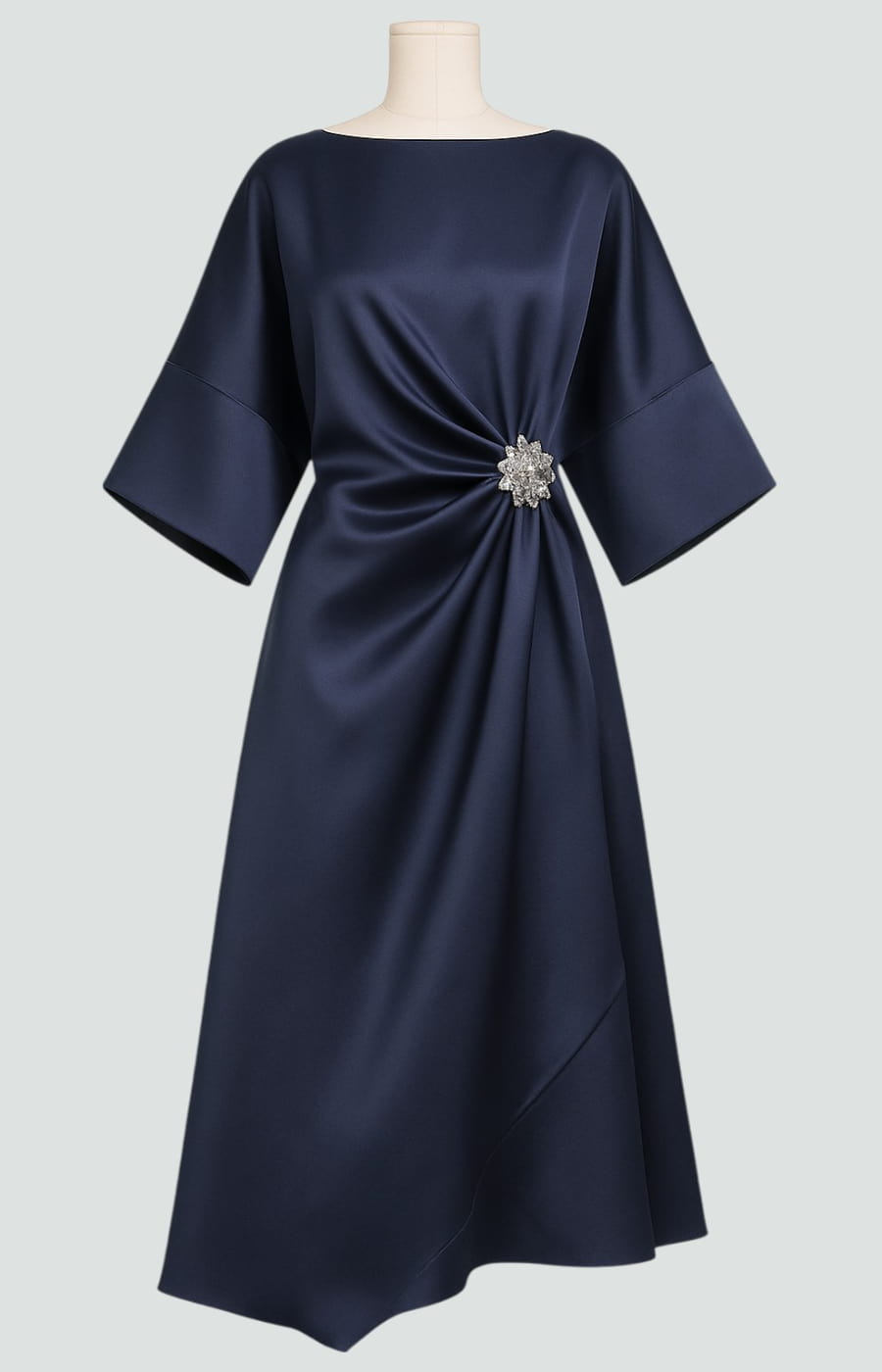 White Midi Dress for Women – Draped Waist with Brooch Detail | Wide Sleeves 6
