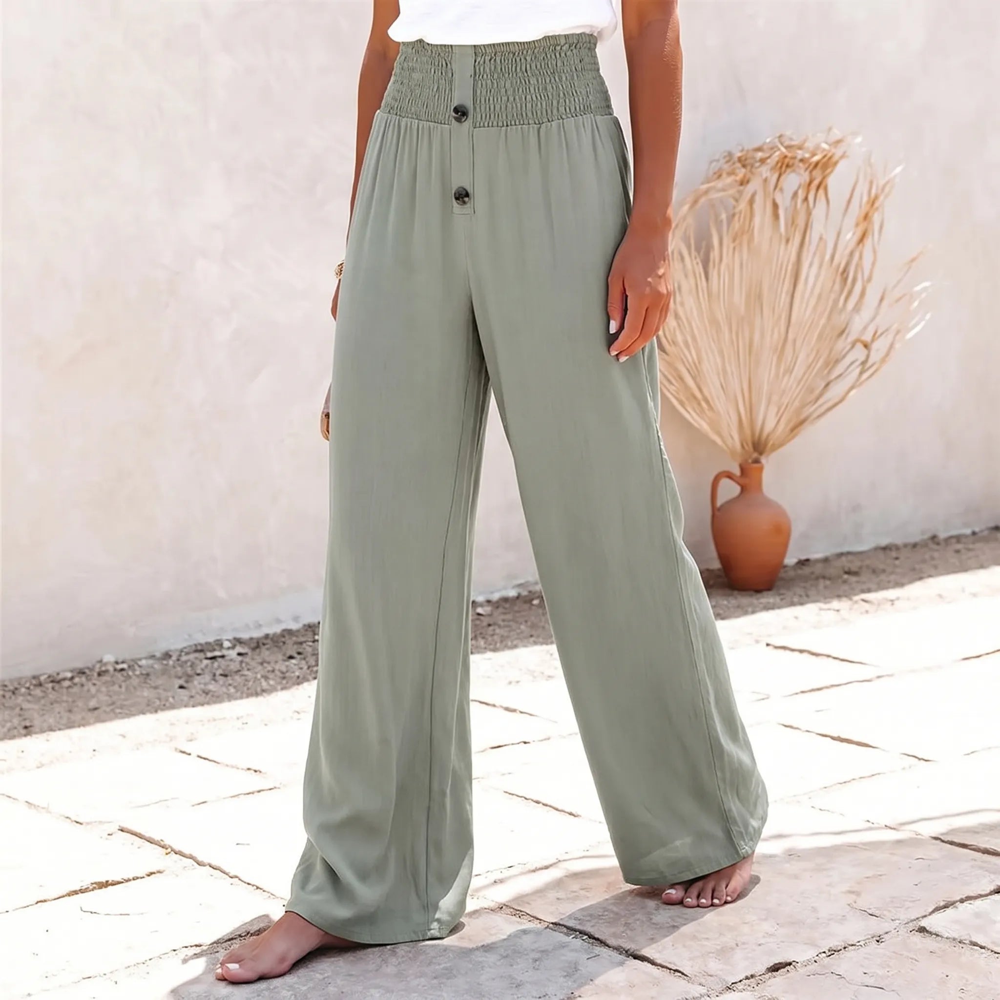 Wide Leg Pants for Women – High Waisted Smocked Waist | Flowy Lightweight Fabric 1