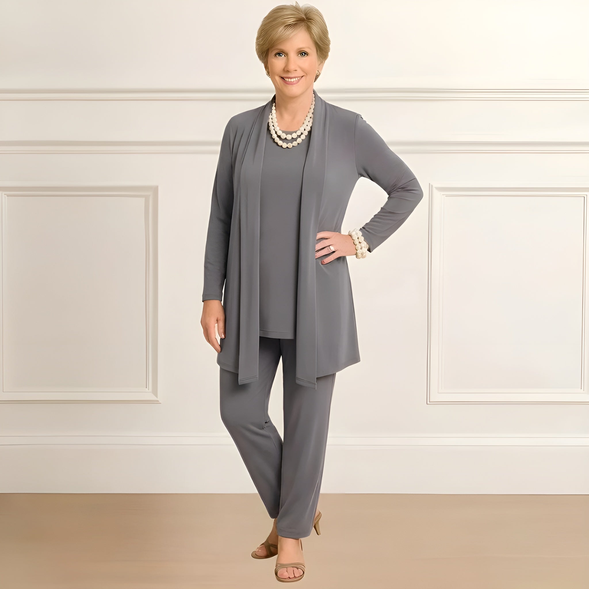 Women's Outfit Set – Three-Piece Matching Set | Long Sleeve Top & Open Cardigan 5