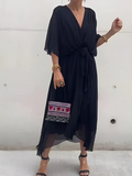 Womens Dress – V-Neck Tie Waist | Sheer Overlay & Flowing Midi Silhouette 0