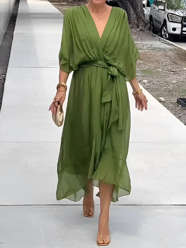 Womens Dress – V-Neck Tie Waist | Sheer Overlay & Flowing Midi Silhouette 1