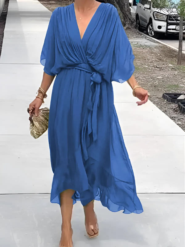 Womens Dress – V-Neck Tie Waist | Sheer Overlay & Flowing Midi Silhouette 2