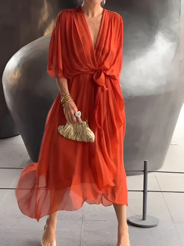 Womens Dress – V-Neck Tie Waist | Sheer Overlay & Flowing Midi Silhouette 3