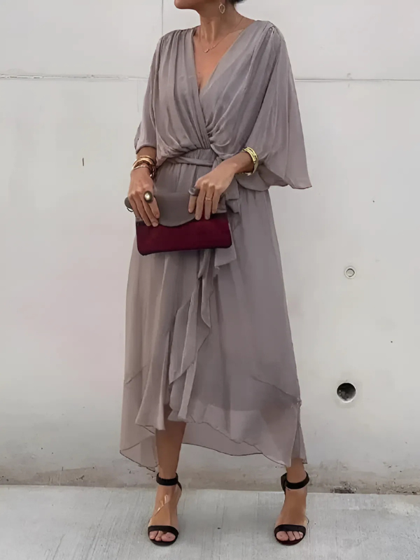 Womens Dress – V-Neck Tie Waist | Sheer Overlay & Flowing Midi Silhouette 6
